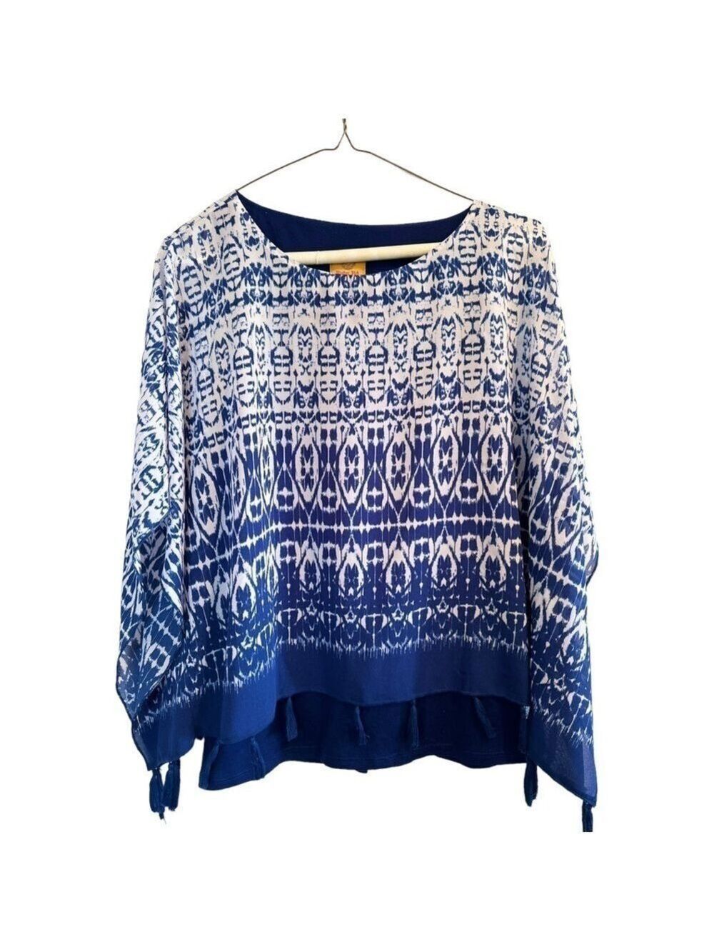 Ruby Rd. Boho Abstract Tunic Blouse Blue & White Kimono Sleeves, PETITE Medium - Picture 2 of 15